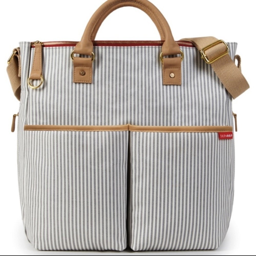 Skip Hop Duo Signature Diaper Bag Grey White Stripe Canvas Tote